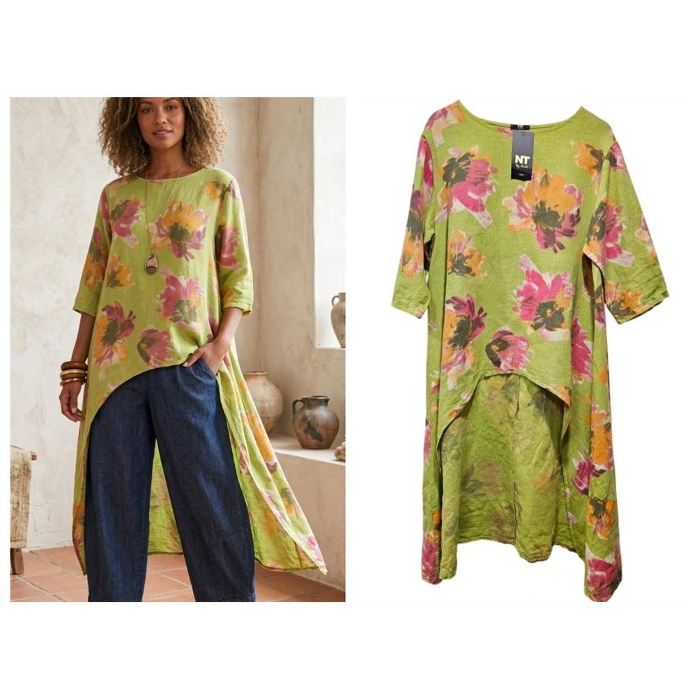 NT By Amati European Linen Lagenlook Tunic Womens One Size Green Floral High Low